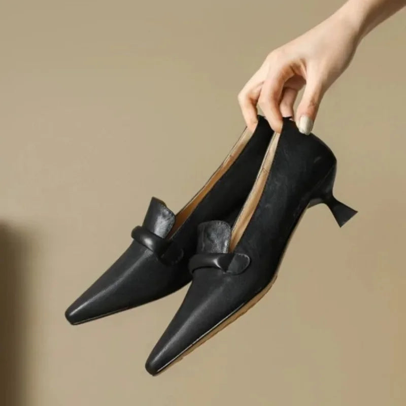French Retro Temperament Lowheeled Shoes Spring New Leather Pointed High Heels Small Leather Shoes Large Size 43
