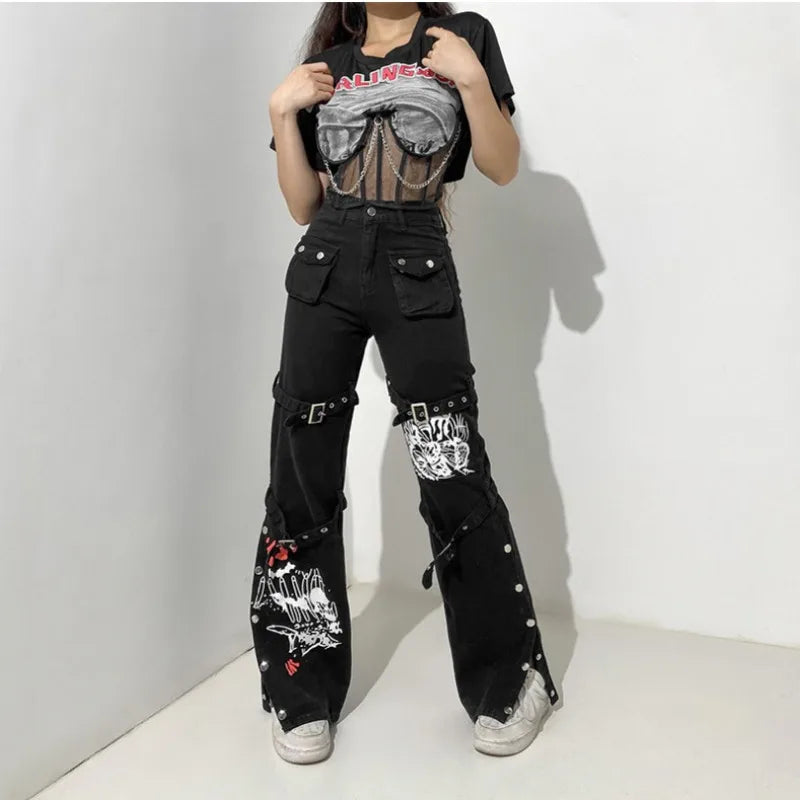 Black Gothic Pencil Pants Rivet High Waist Woman Slim Body Dark Goth Pant Punk Aesthetic Clothes Streetwears