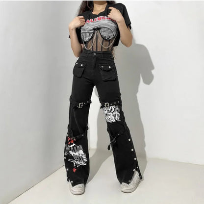 Black Gothic Pencil Pants Rivet High Waist Woman Slim Body Dark Goth Pant Punk Aesthetic Clothes Streetwears