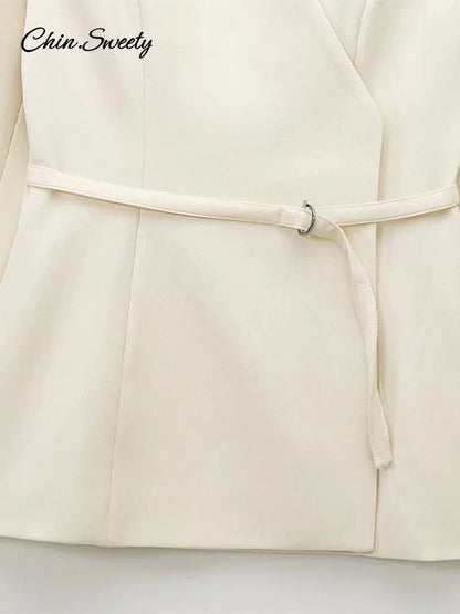 Slim Belt Blazer Coat for V Neck Buckle Long Sleeve Suit Jacket Spring Lady Commute High Waisted Outwear New