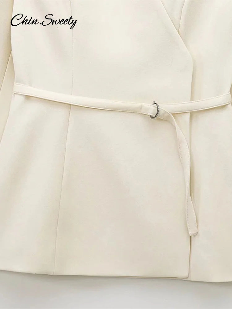 Slim Belt Blazer Coat for V Neck Buckle Long Sleeve Suit Jacket Spring Lady Commute High Waisted Outwear New