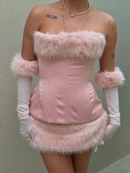 Fuzzy Paneled Tie Waist Mini Dresses