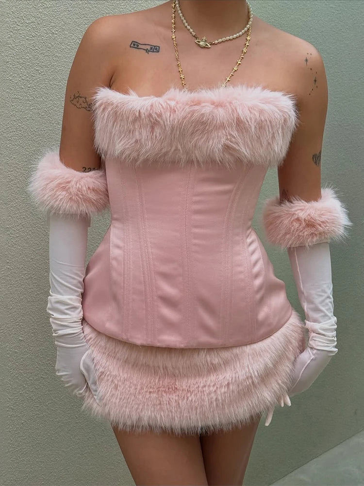 Fuzzy Paneled Tie Waist Mini Dresses