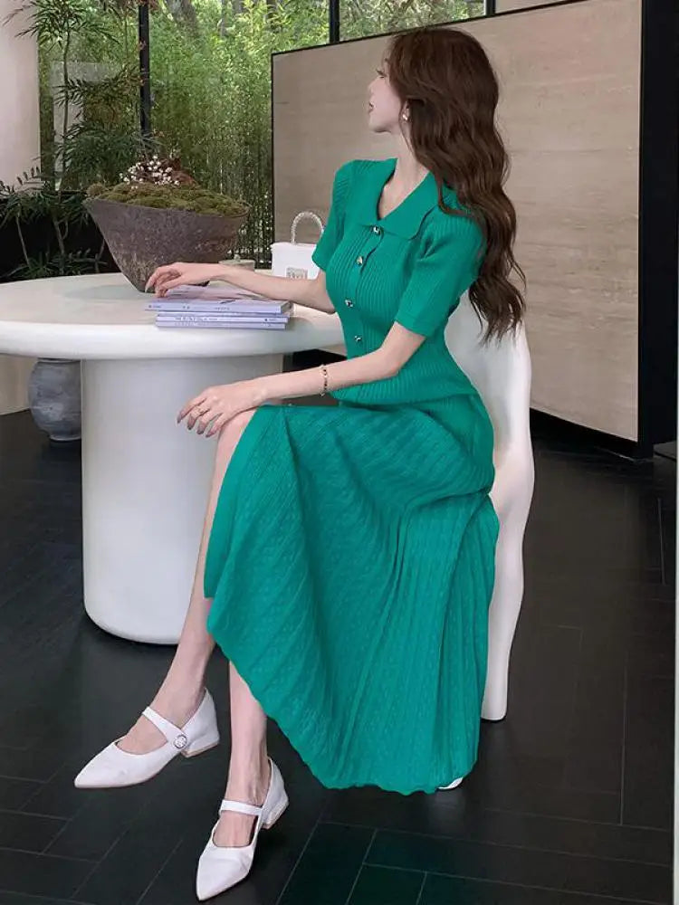Black Beige Temperament Split Knit Dress Summer Single Breasted Robe Green Office Lady New Long Dress