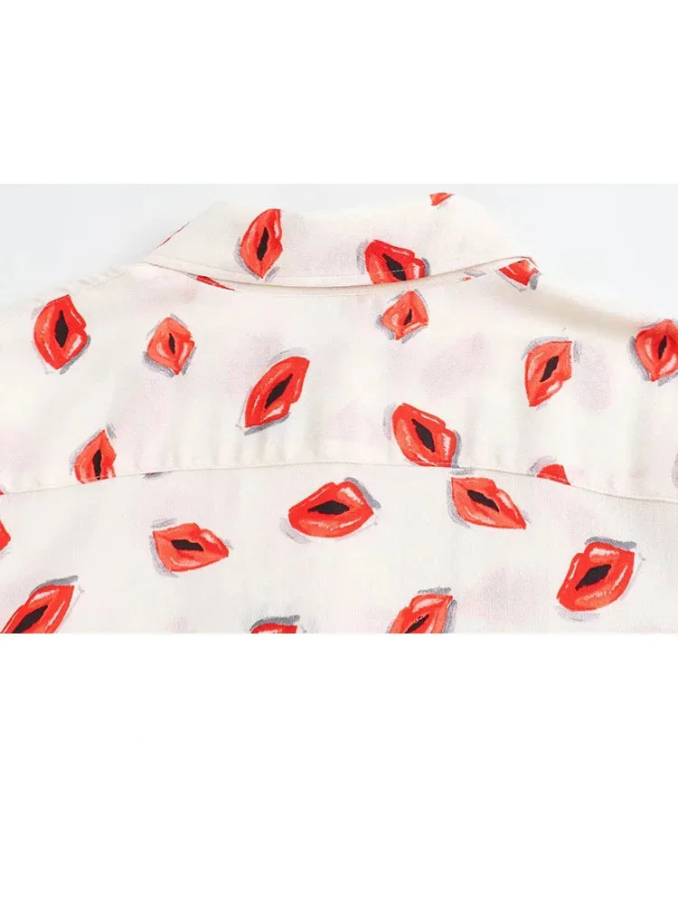 Summer Blouses Woman Lips Printed Lapel Long Sleeves Single Breasted Shirts Female Loose Shirt Top