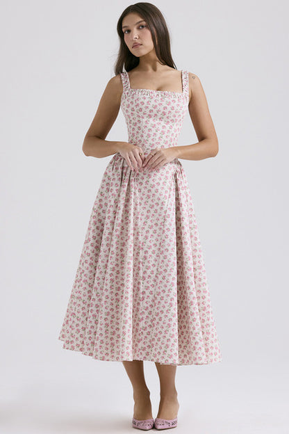 Flower Print Spaghetti Strap Dresses Backless Low Cut Folds Vacation Style Slim Midi Dress Female Vestidos