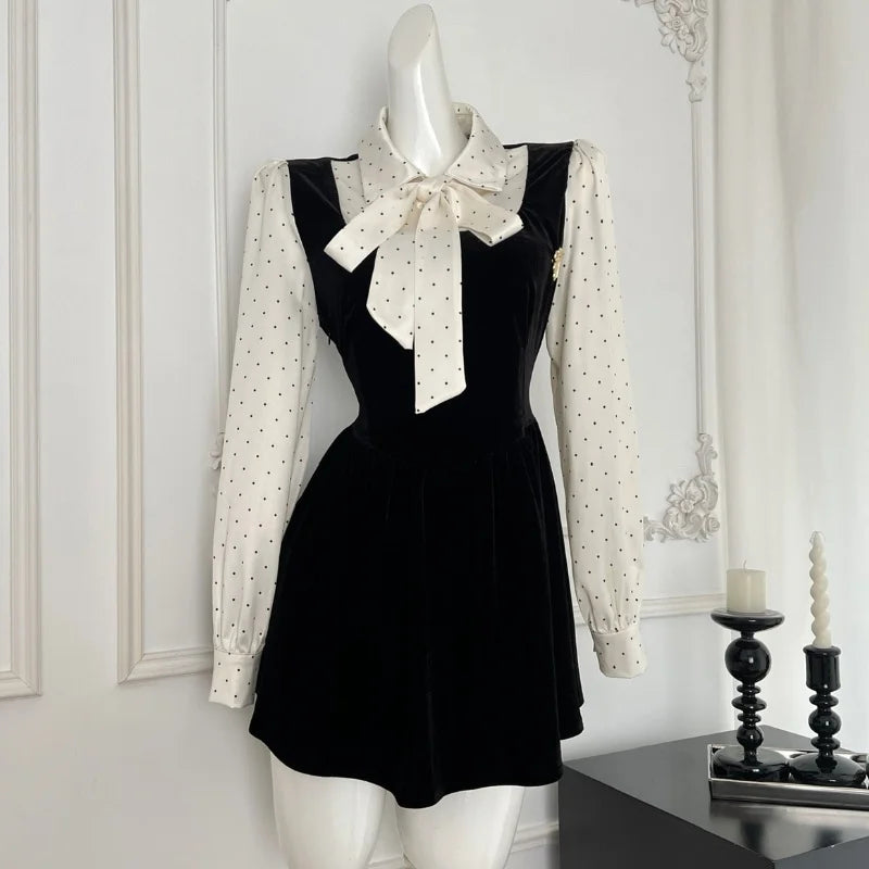 Autumn Spring New Patchwork Mini Dress Long Sleeve Female New Clothes