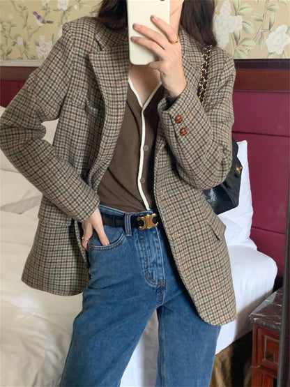 Ol Blazers Slim Autumn Woolen Office Lady Work Wear Plaid Mujer Coats Daily Houndstooth