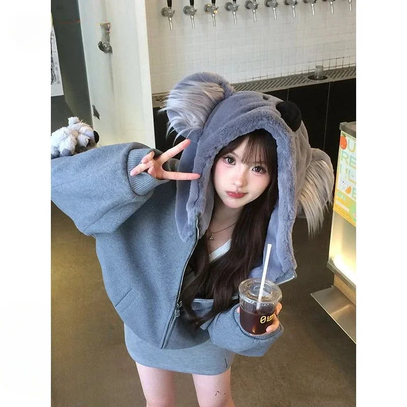 Sweet Hot Girl American Koala Hoodie Autumn/winter Longsleeved Zipper Loose Coat Female Clothes