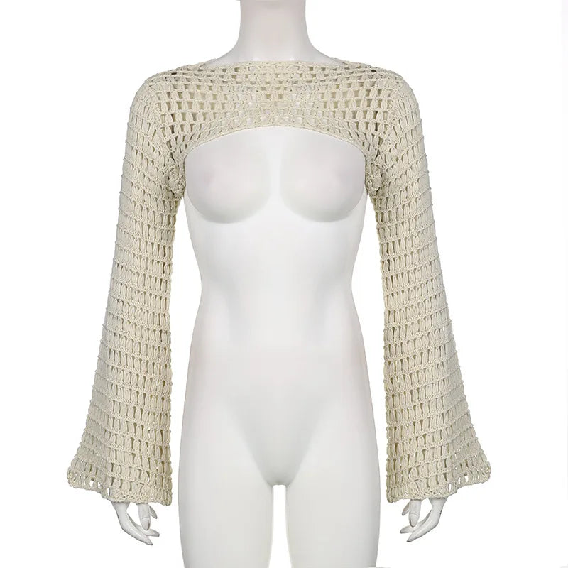 Short Knit Sweater Hollow Out Smock Crochet Crop Top Pullover Y2k Autumn Female Cloth