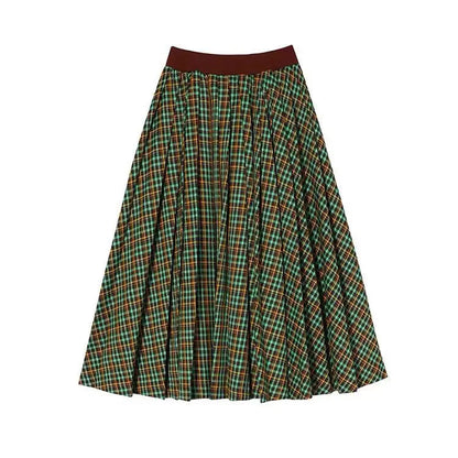 Large Plaid Skirts for Woman Autumn New Design Pleated Skirt Korean Faldas Long Elastic Waist Skirts