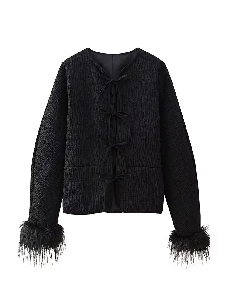 Spring Jacket for Long Sleeves Loose Quilted Coats Cuff Feather Laceup Outerwear