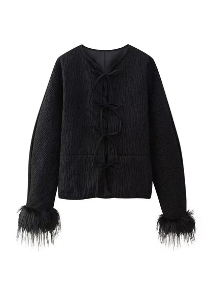 Spring Jacket for Long Sleeves Loose Quilted Coats Cuff Feather Laceup Outerwear