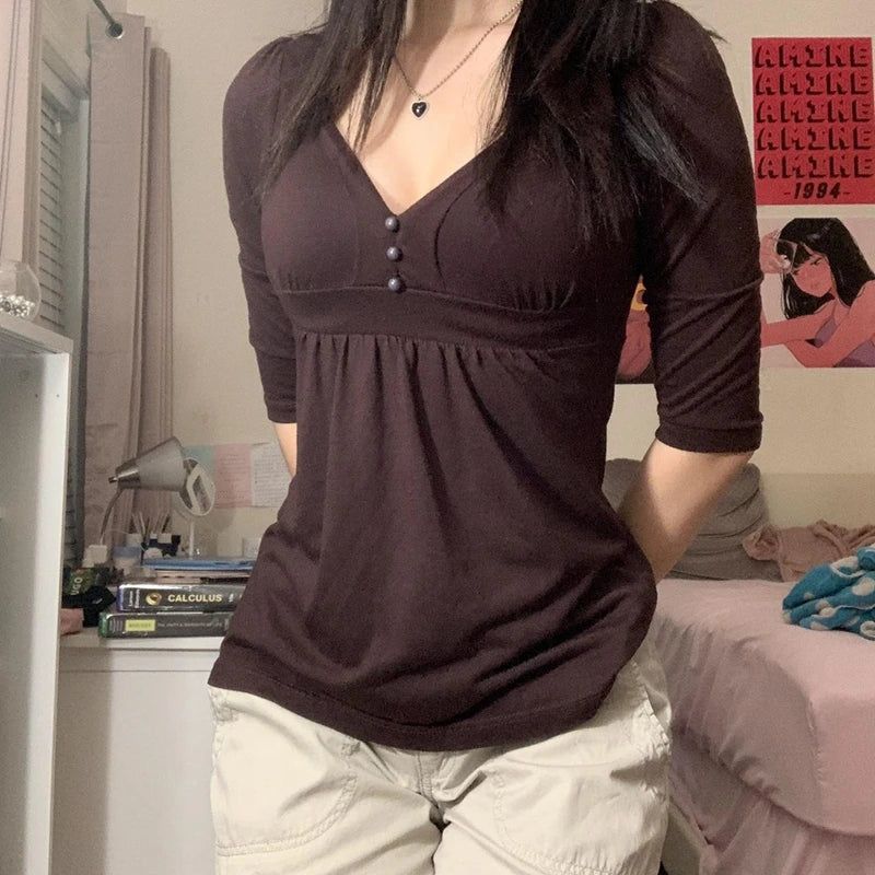 Lady T-shirt Brown Button V Neck Slim Pullovers Tees Y2k Aesthetic Grunge Top Holiday Clothes