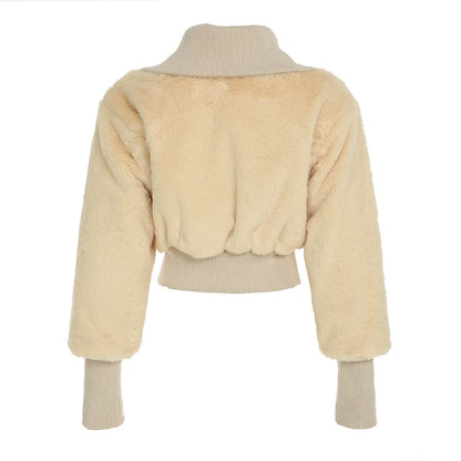 Fluffy Turn-down Collar Jacket S Autumn Winter New Slim Button Cropped Coat Retro