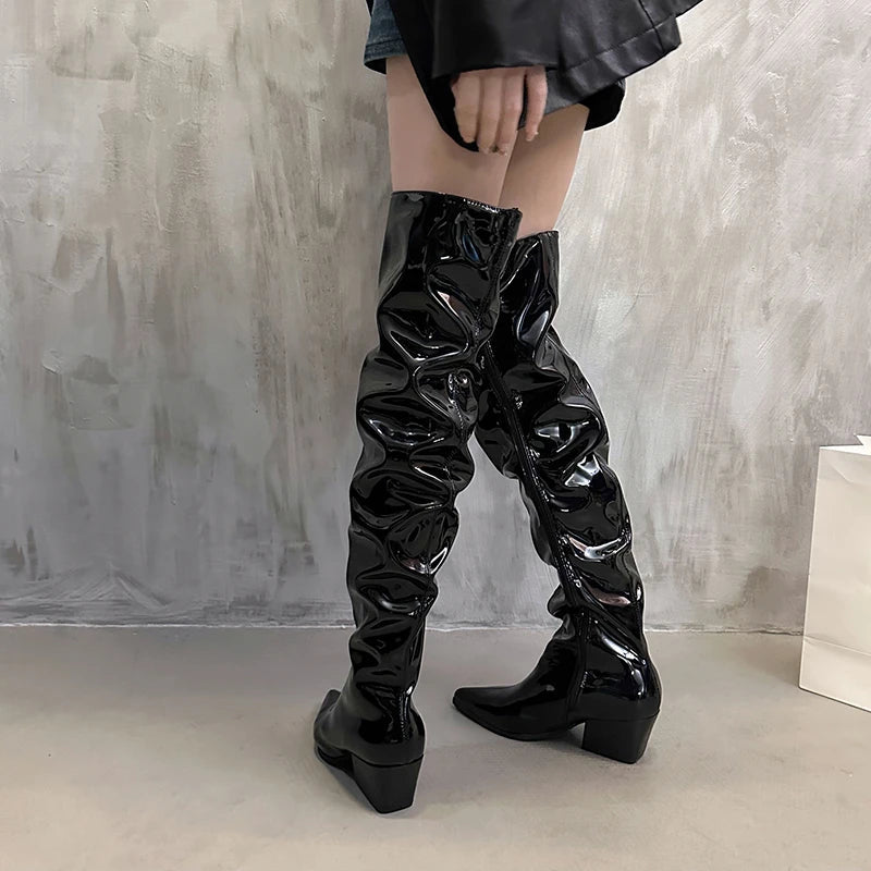 Winter Pleated Over the Knee High Boots Slip on Long Booties Autumn Thick Heel Shoes