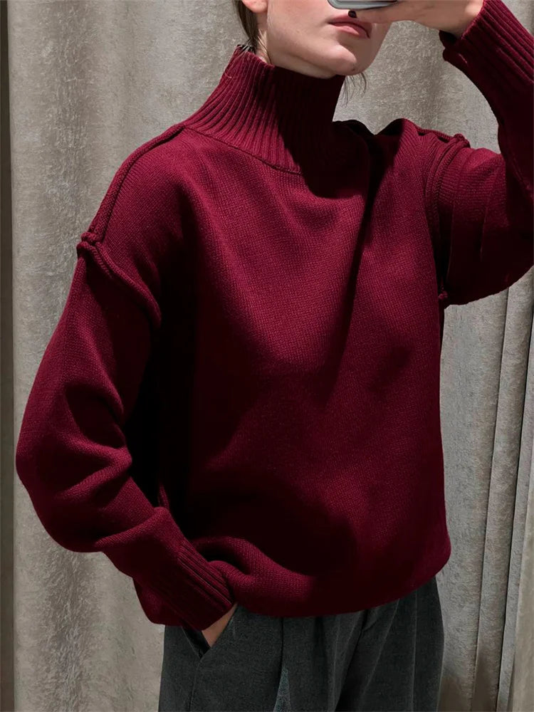 Winter Knit Turtleneck Pullover Female Clothes Loose Ribbed Patchwork Long Sleeve Oversized Sweater Knitwear