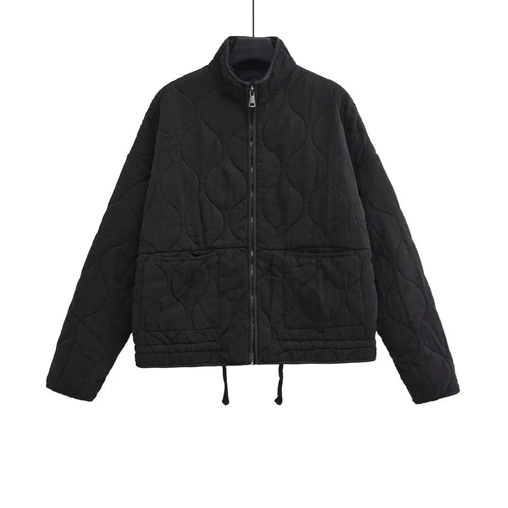 Winter New ’s Clothing Style Commuting Leisure Warm Stand Collar Loose Pocket Diamond Grid Cotton Coat