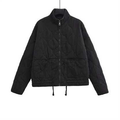 Winter New ’s Clothing Style Commuting Leisure Warm Stand Collar Loose Pocket Diamond Grid Cotton Coat