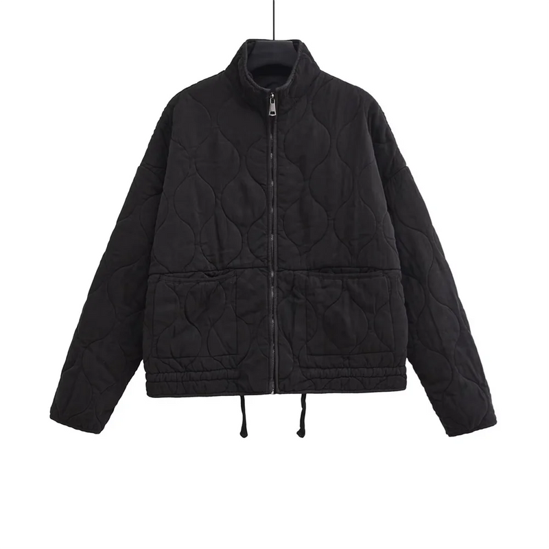 Winter New ’s Clothing Style Commuting Leisure Warm Stand Collar Loose Pocket Diamond Grid Cotton Coat