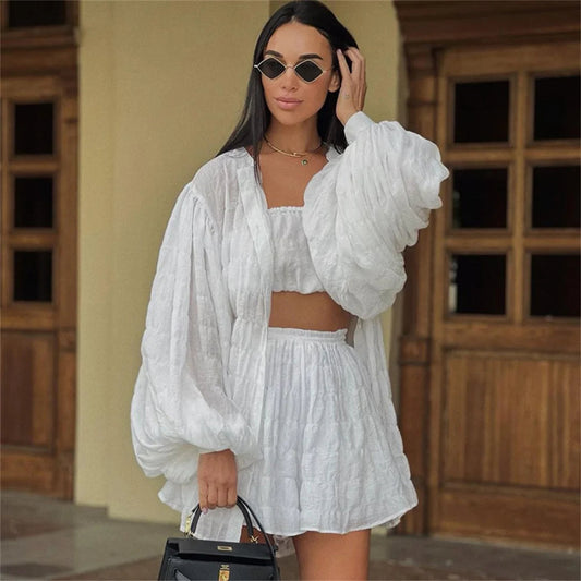White 3 Piece Sets Summer Lantern Long Sleeve Cardigan Tops Shorts Suits Lady Spring Soft Three Piece Outfit