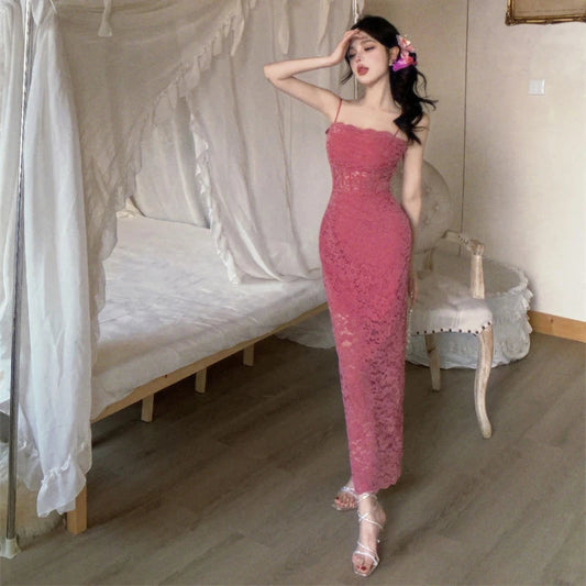 Rose Red Hollow Lace Suspender Dress for in Summer Waisthugging Skirt