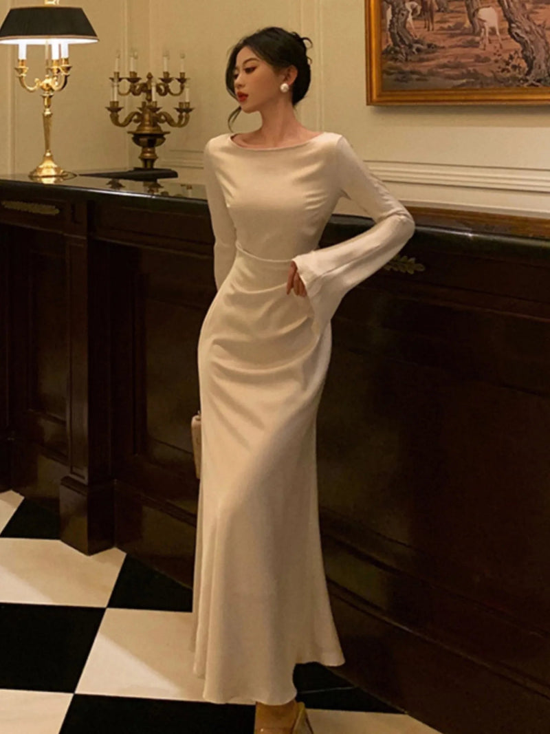 Flare Sleeve Wedding Mermaid Long Dress Spring Autumn French Slim One Piece Party Robe Mujers Clothes