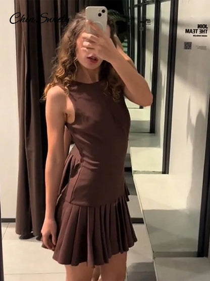 Pleated Mini Dress Brown O-neck Sleeveless a Line High Waist Party Dresses New Zipper Robes