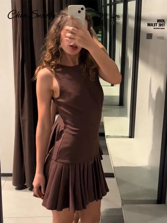 Pleated Mini Dress Brown O-neck Sleeveless a Line High Waist Party Dresses New Zipper Robes