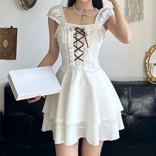 Y2k Contrast Bandage Bow Aline Mini Dress for Holiday Party Coquette Aesthetic Short Sleeve Tiered Dresses Sweet Robe