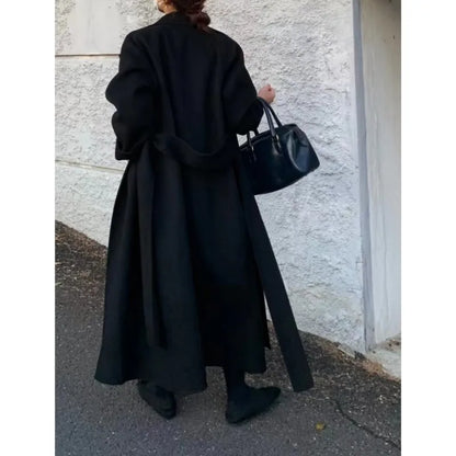 Long Woolen Coat With Belt Autumn Winter New Lapel Long Sleeve Outerwear Overcoat