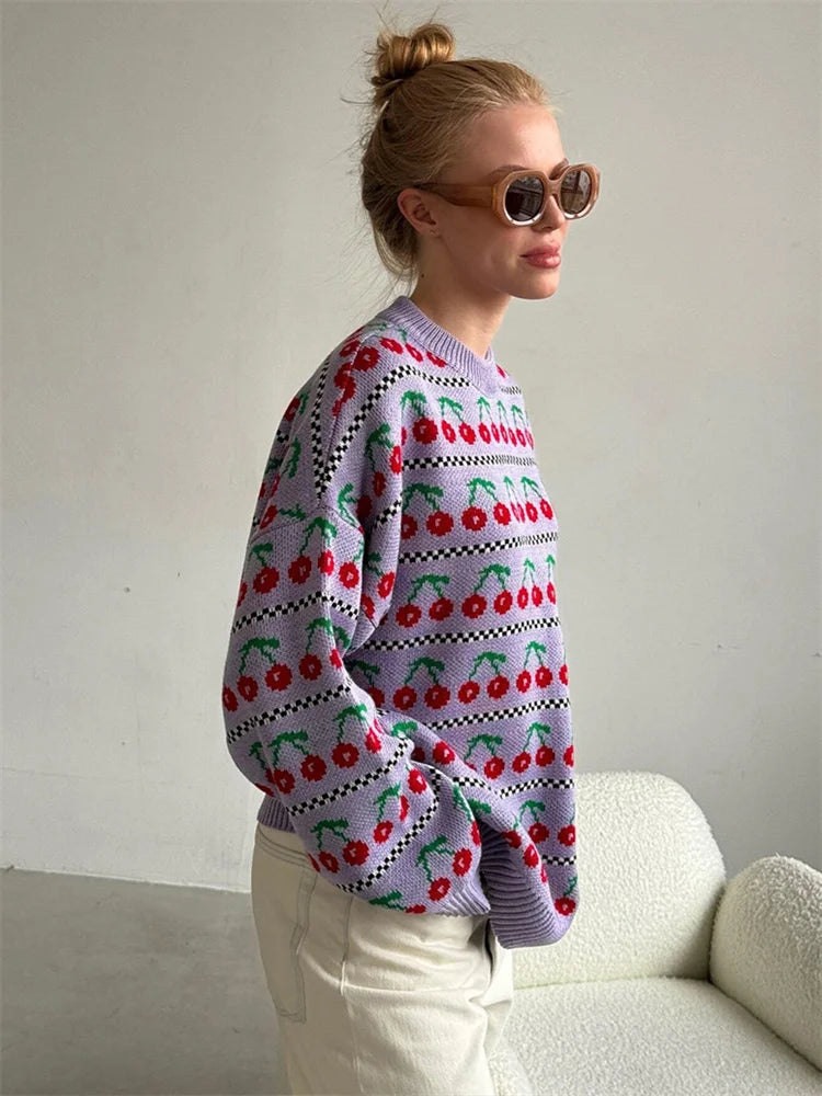 Printed Knit Sweater Pullover for Loose Patchwork Contrast Long Sleeve Top Knitwear ’s Pullover