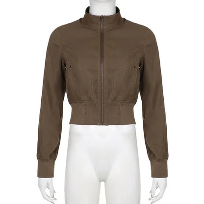 Long Sleeves Pockets Cargo Coats Slim Jackets Y2k Aesthetic Zip Up Clothes