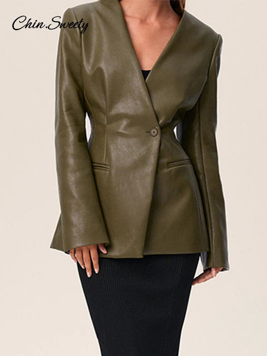 Street ’s Leather Jackets Green Pleat V-neck One Button Full Sleeve Pockets Waist Up Coat Spring Y2k Lady