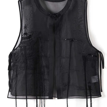 Vests Sheer Chinese Style Black Summer Allmatch Mom Clothing Embroidery Design Outwear Tassel Sleeveless