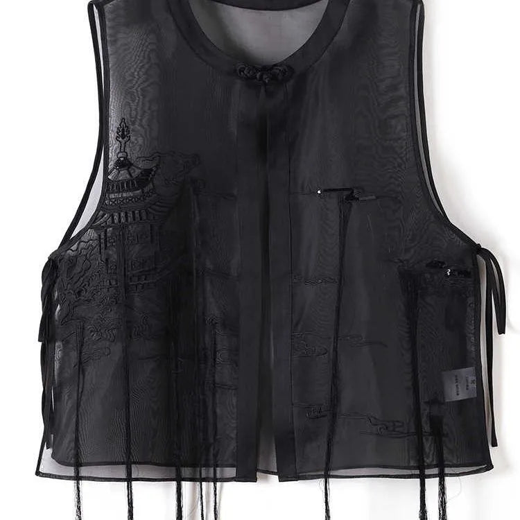 Vests Sheer Chinese Style Black Summer Allmatch Mom Clothing Embroidery Design Outwear Tassel Sleeveless