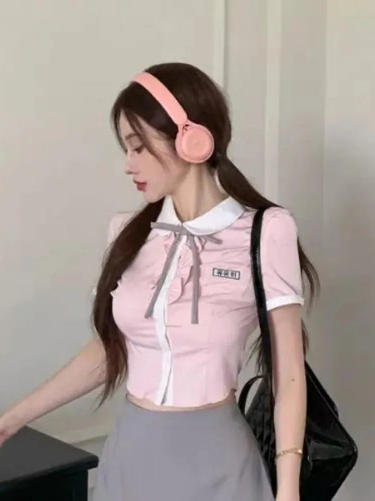 Kawaii Pink Blouse Preppy Style Short Sleeve Lace Up Lapel Collar Shirt Summer Slim Fit Aesthetics Clothes