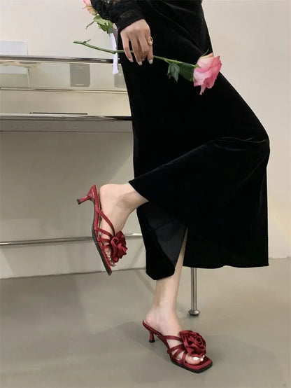 Red Rose Handmade Flower Sandal Heels Summer New Wedding Shoes Bride Shoes Design Pumps