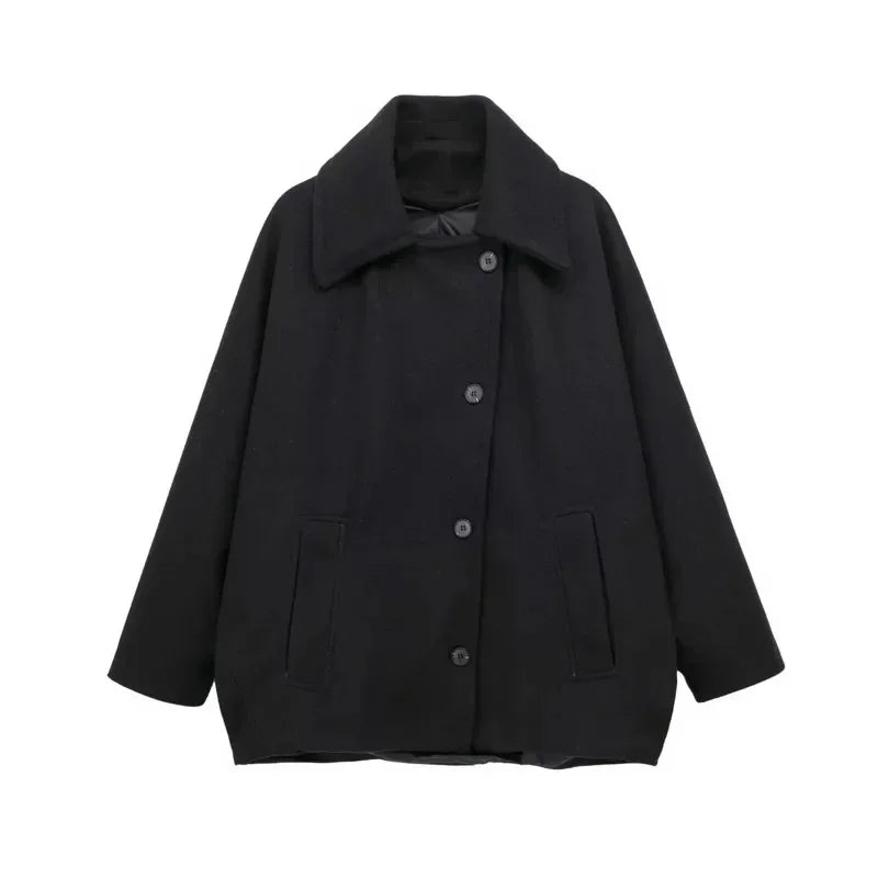 Diagonal Breasted Warm Loose Jacket Lapel Double Pocket Batwing Sleeve Coats Winter Female Outwear