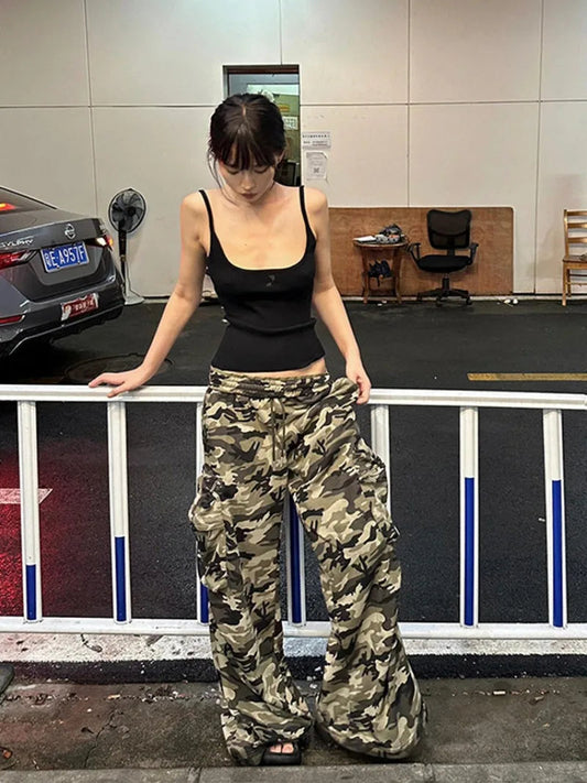 American Retro Punk Camouflage Pocket Cargo Pants Y2k High Street Hip Hop Loose Street Straight Wide Leg Pants