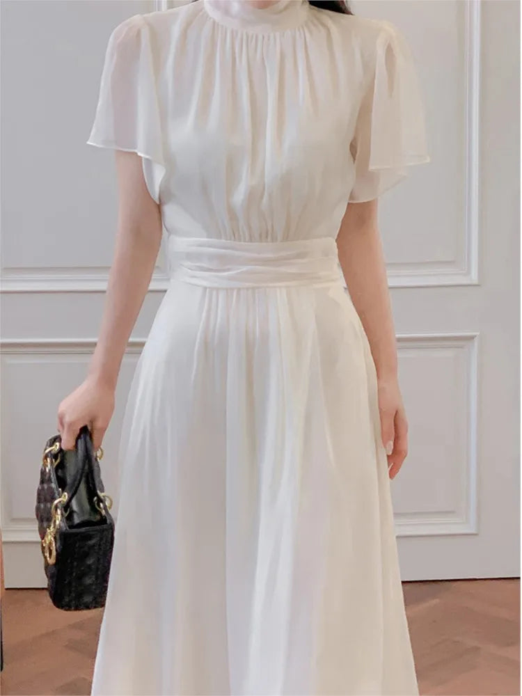 Midi Dresses for Ruffles Half-high Collar A-line Office Lady Korean Autumn Vestidos Mujer New