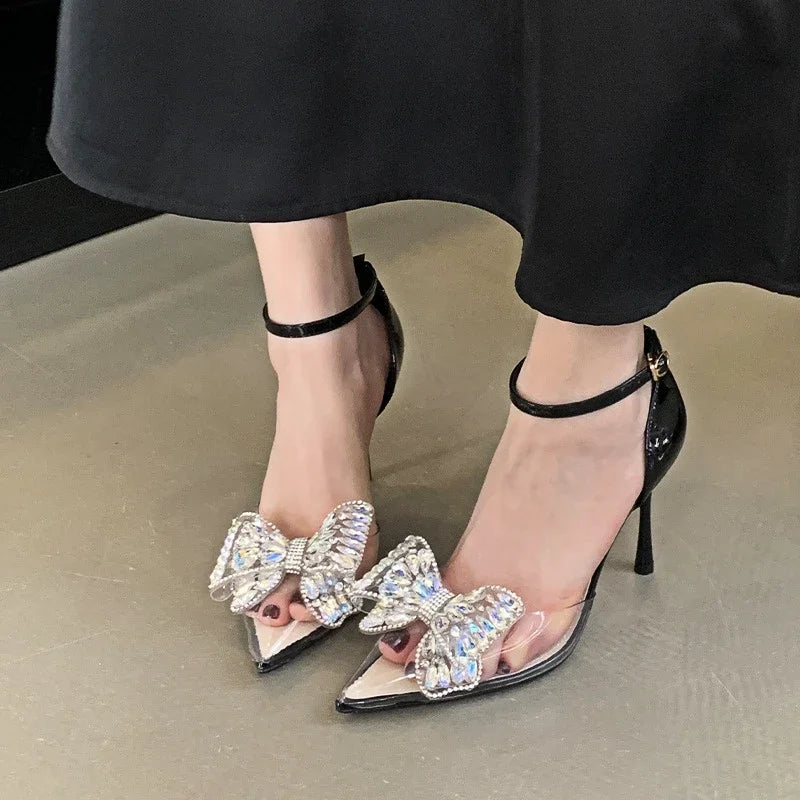 Rhinestone Bow Pvc Transparent High Heels Hollow Party Dress Shoes Female Pointed Toe Heeled Sandals