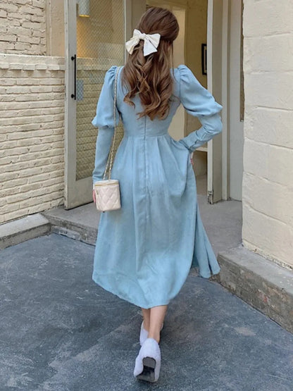 French Autumn Midi Dresses for Puff Sleeve Half High Collar Patchwork Lace Aline Retro Princess Dress Vestidos