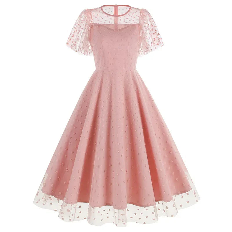 New Retro Pink Strawberry Mesh Birthday Long Dress 50s Flare Sleeve Summer Prom Evening Party Dresses