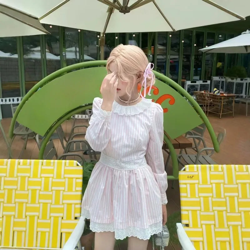 Sweet Dresses Lace Patchwork Striped O Neck Spring Peter Pan Collar Long Sleeve Mini Dress Party Female