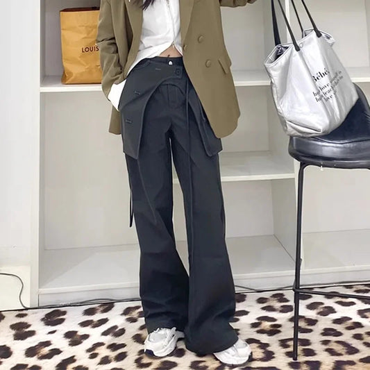 Korean Laceup Spliced Loose Cargo Pants Spring New Fake Twopiece Color All Match Wide Leg Pants