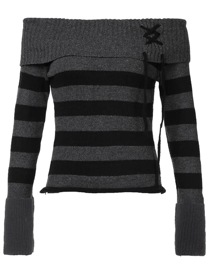 Off Shoulder Slim Knitted Stripe Jumper Lace-up Slash Neck Long Sleeve Sweater Tee Korean Street Knittwear