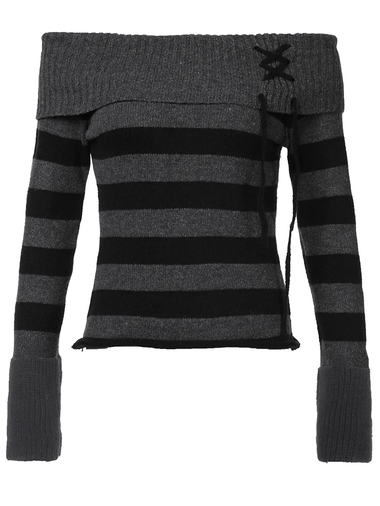 Off Shoulder Slim Knitted Stripe Jumper Lace-up Slash Neck Long Sleeve Sweater Tee Korean Street Knittwear