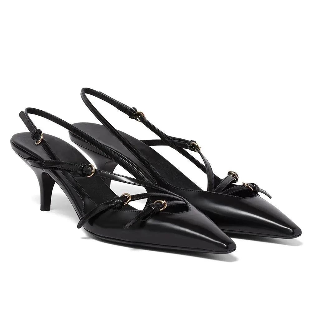 Brand Design Med Heels Pumps Pointed Toe Buckle Party Trend Slipon Mules Pumps Slingback Stiletto Shoes for