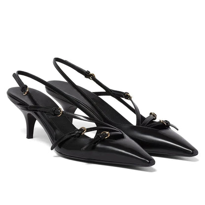 Brand Design Med Heels Pumps Pointed Toe Buckle Party Trend Slipon Mules Pumps Slingback Stiletto Shoes for
